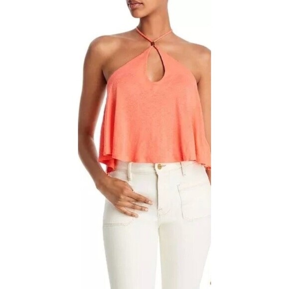 FREE PEOPLE Halter Crop Tank Top Women S Coral Orange Linen Blend Open Back Boho - Picture 3 of 9